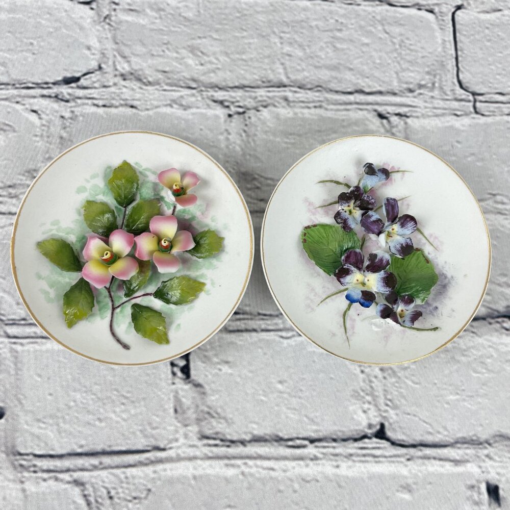 Vintage Lefton China 3D Floral Wall Hanging Plates Set of 2